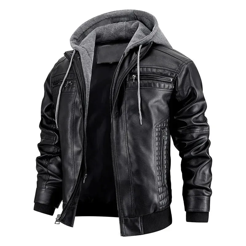 Men's Leather Jacket Motorcycle Slim Fit Hooded PU Coat Top Autumn Winter Casual Windproof
