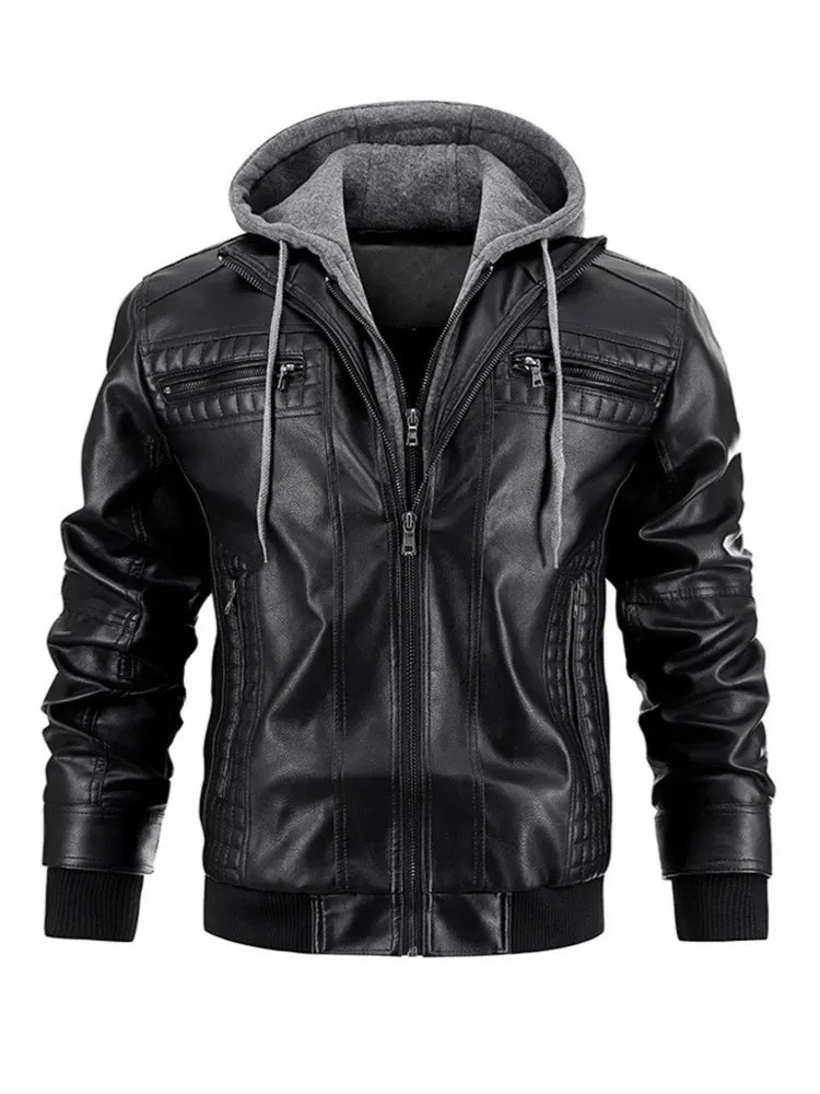Men's Leather Jacket Motorcycle Slim Fit Hooded PU Coat Top Autumn Winter Casual Windproof