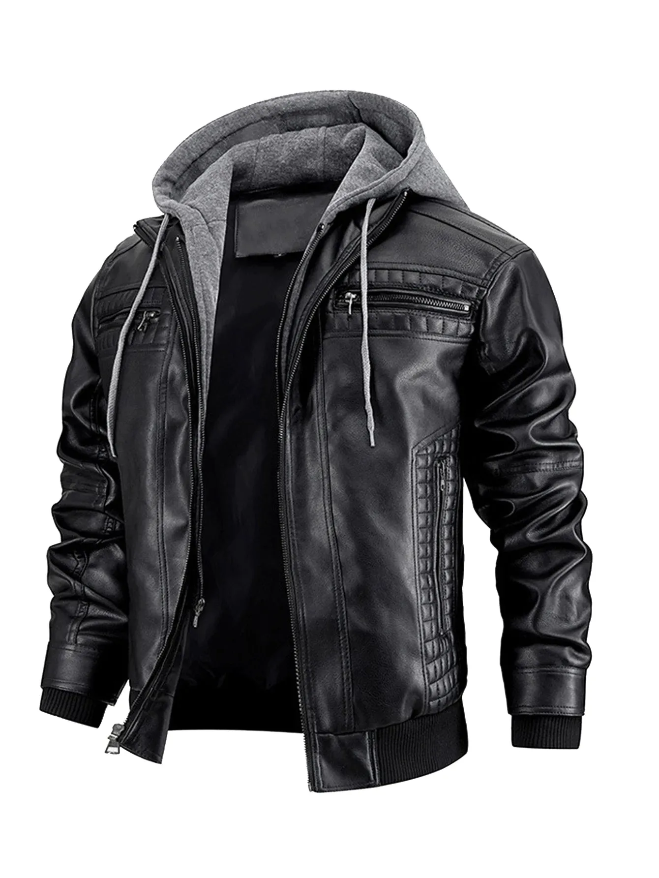 Men's Leather Jacket Motorcycle Slim Fit Hooded PU Coat Top Autumn Winter Casual Windproof