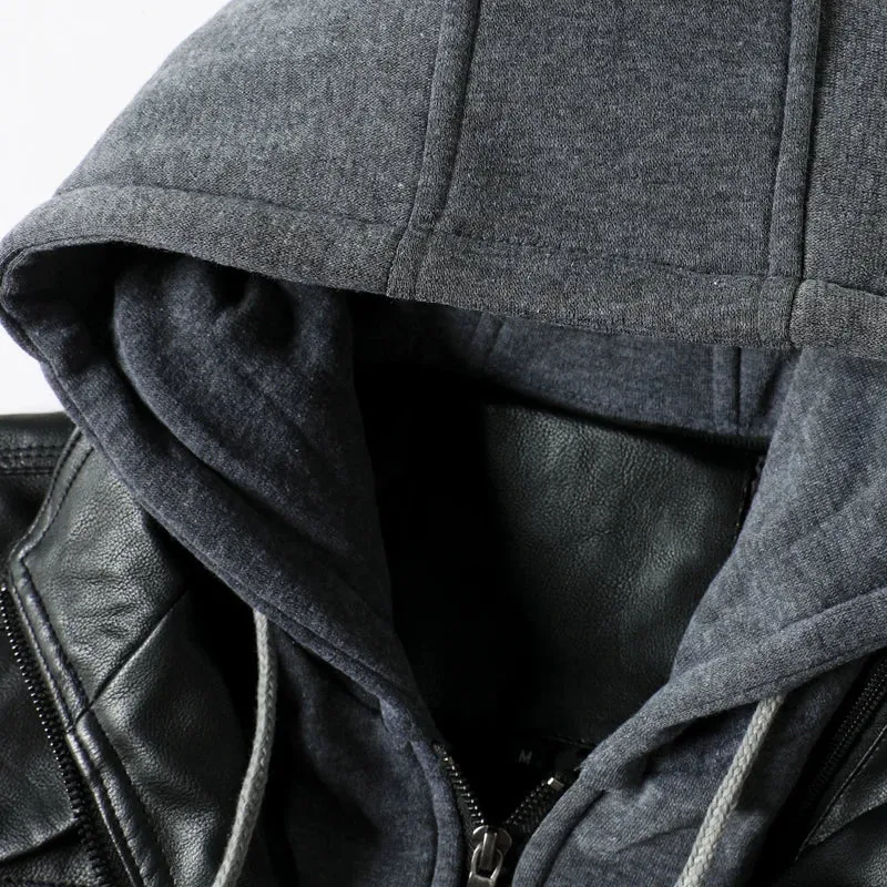 Men's Leather Jacket Motorcycle Slim Fit Hooded PU Coat Top Autumn Winter Casual Windproof