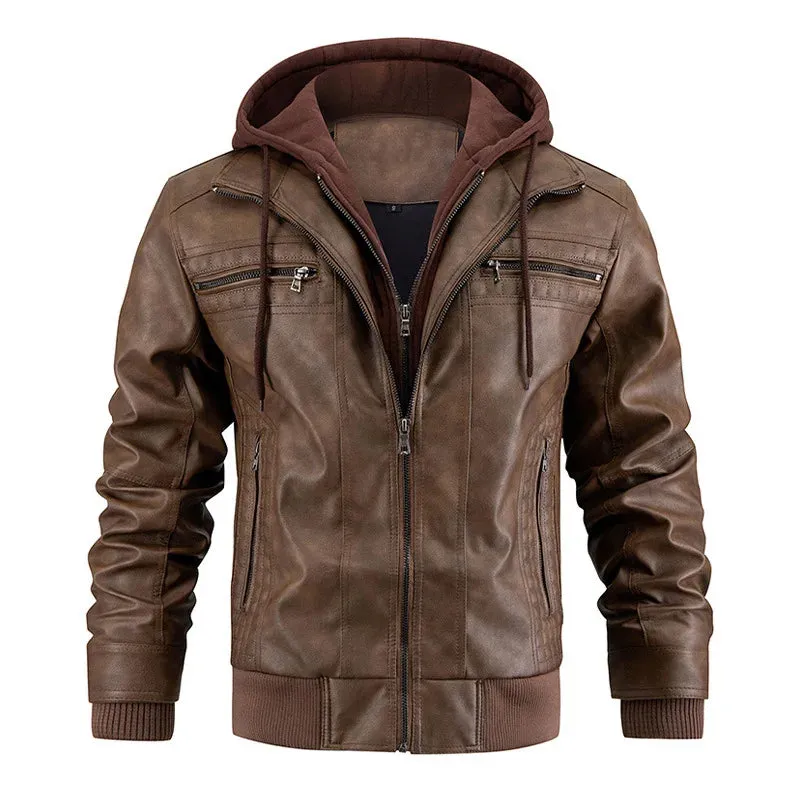 Men's Leather Jacket Motorcycle Slim Fit Hooded PU Coat Top Autumn Winter Casual Windproof