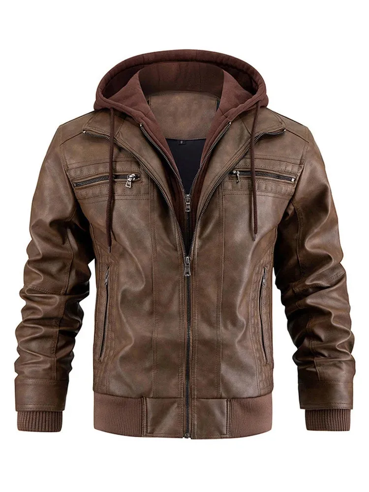 Men's Leather Jacket Motorcycle Slim Fit Hooded PU Coat Top Autumn Winter Casual Windproof