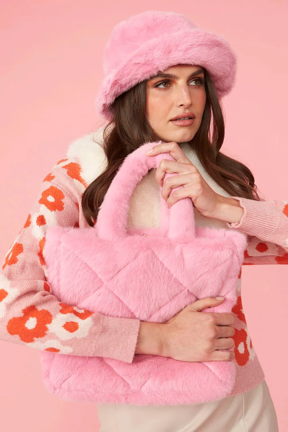 Pink Faux Fur Bucket Hat