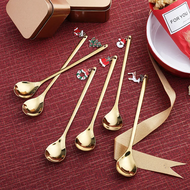 Spoon Golden Pendant Spoon Christmas Gift Peripheral Christmas Hat Gift Six Pack Spoon Tableware Gift Box