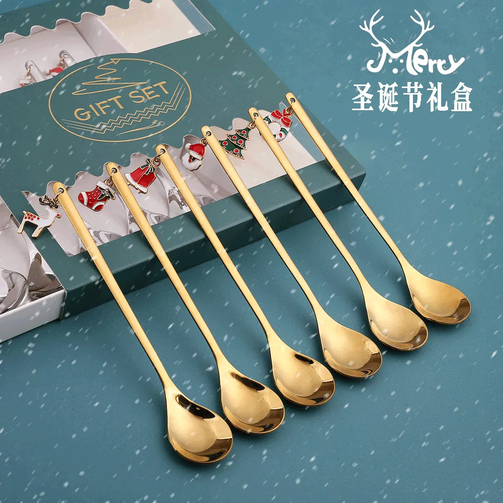 Spoon Golden Pendant Spoon Christmas Gift Peripheral Christmas Hat Gift Six Pack Spoon Tableware Gift Box