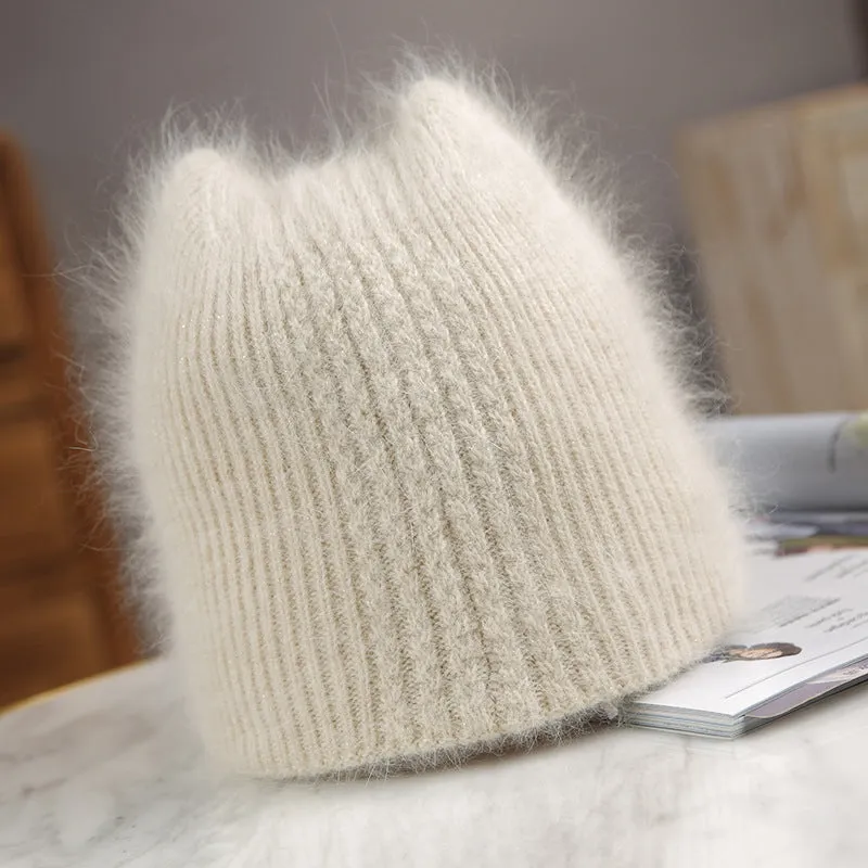 Winter Warm lovely  Knitted Hats for Women Casual Soft Warm Angola Rabbit Fur Beanie hats for glris lady Bonnet Gorros