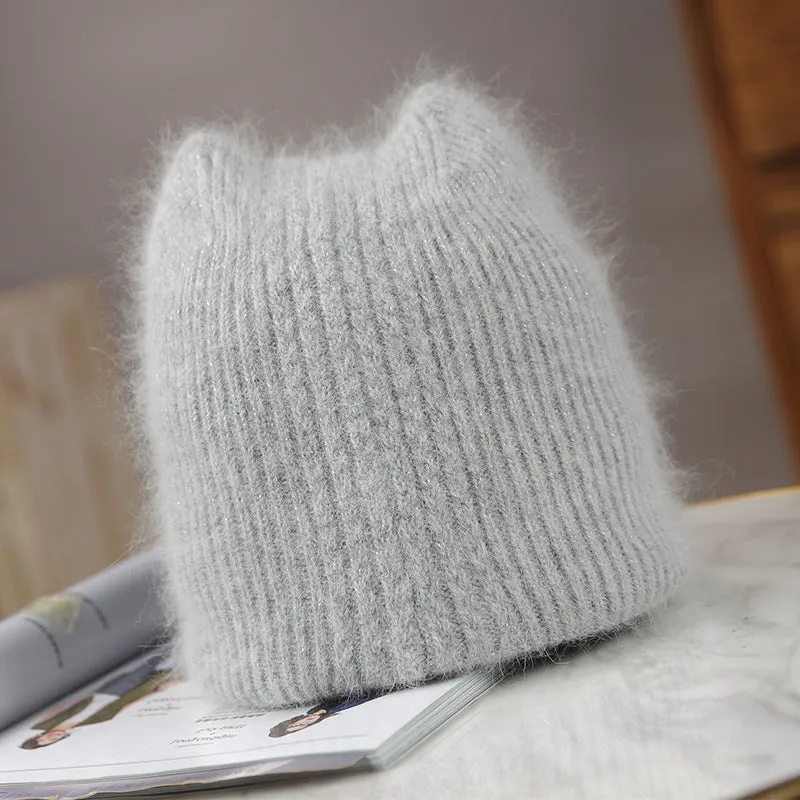 Winter Warm lovely  Knitted Hats for Women Casual Soft Warm Angola Rabbit Fur Beanie hats for glris lady Bonnet Gorros