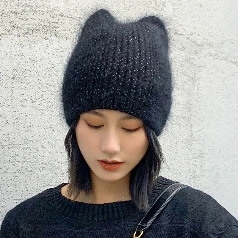 Winter Warm lovely  Knitted Hats for Women Casual Soft Warm Angola Rabbit Fur Beanie hats for glris lady Bonnet Gorros