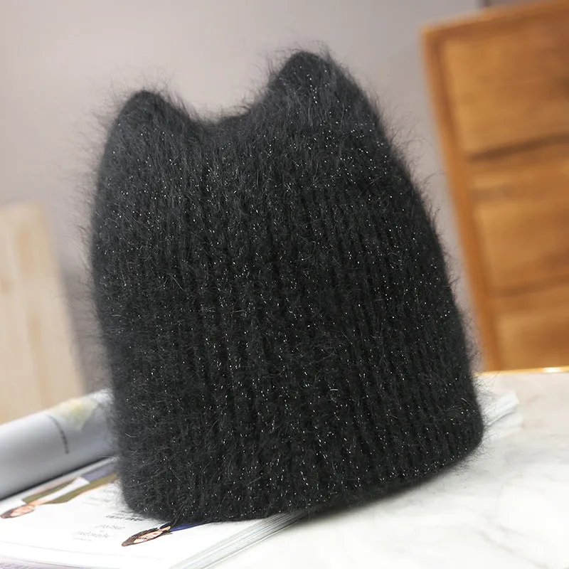 Winter Warm lovely  Knitted Hats for Women Casual Soft Warm Angola Rabbit Fur Beanie hats for glris lady Bonnet Gorros