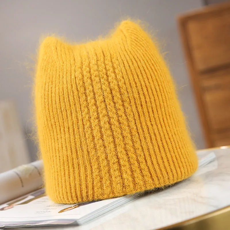 Winter Warm lovely  Knitted Hats for Women Casual Soft Warm Angola Rabbit Fur Beanie hats for glris lady Bonnet Gorros