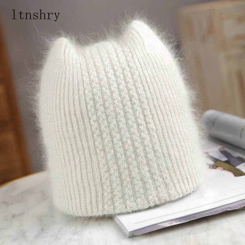 Winter Warm lovely  Knitted Hats for Women Casual Soft Warm Angola Rabbit Fur Beanie hats for glris lady Bonnet Gorros