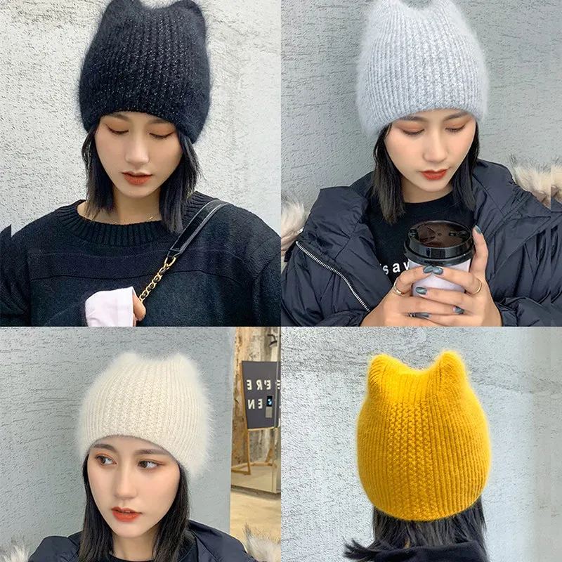 Winter Warm lovely  Knitted Hats for Women Casual Soft Warm Angola Rabbit Fur Beanie hats for glris lady Bonnet Gorros