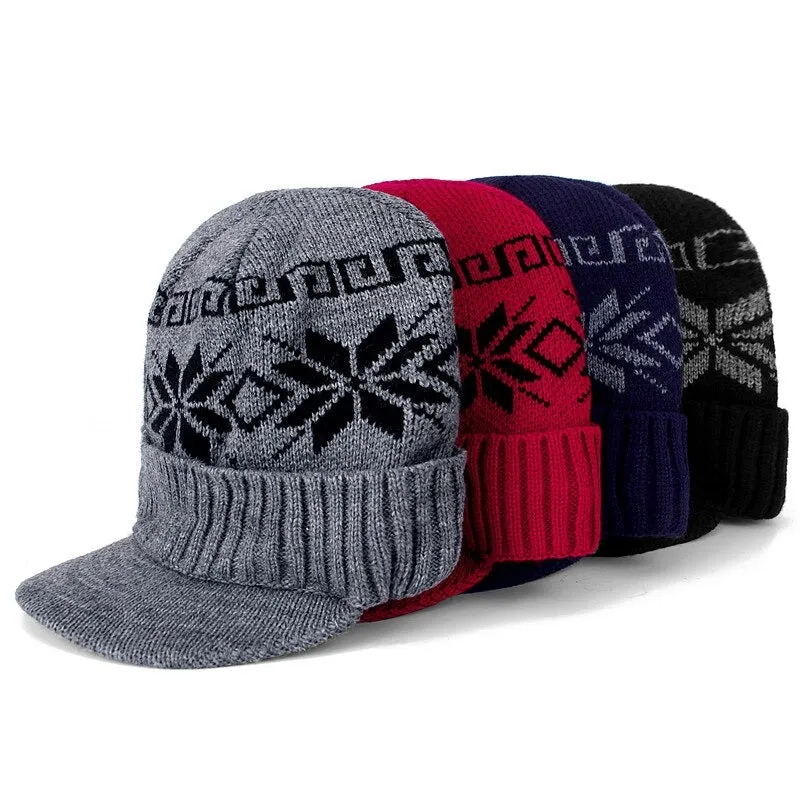 With Brim Stylish Add Fur Lined Soft Beanie Outdoor Knitted Woolen Warm Winter Cap