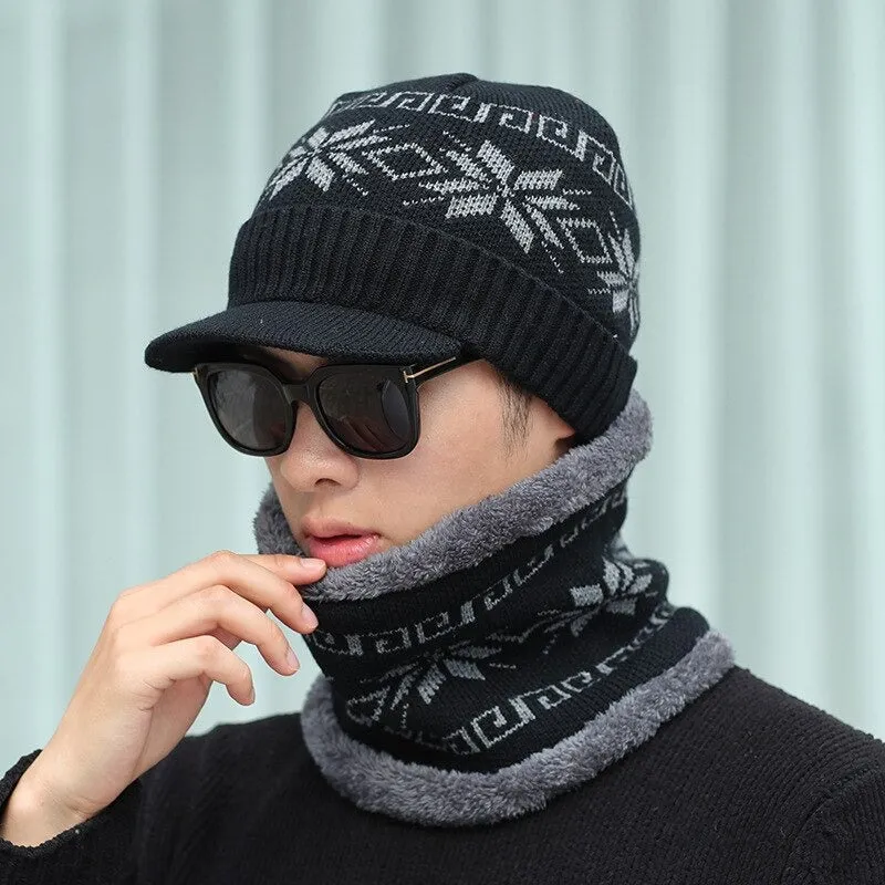 With Brim Stylish Add Fur Lined Soft Beanie Outdoor Knitted Woolen Warm Winter Cap