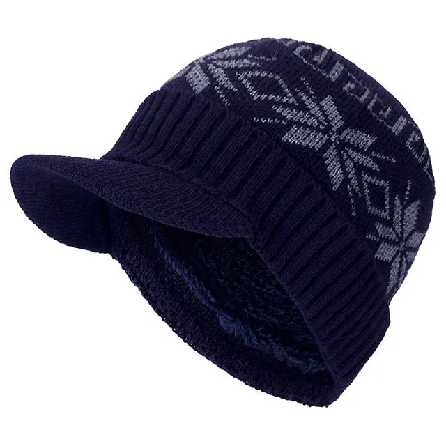 With Brim Stylish Add Fur Lined Soft Beanie Outdoor Knitted Woolen Warm Winter Cap