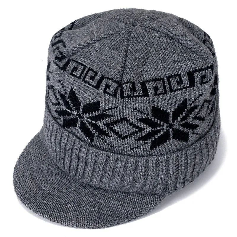 With Brim Stylish Add Fur Lined Soft Beanie Outdoor Knitted Woolen Warm Winter Cap