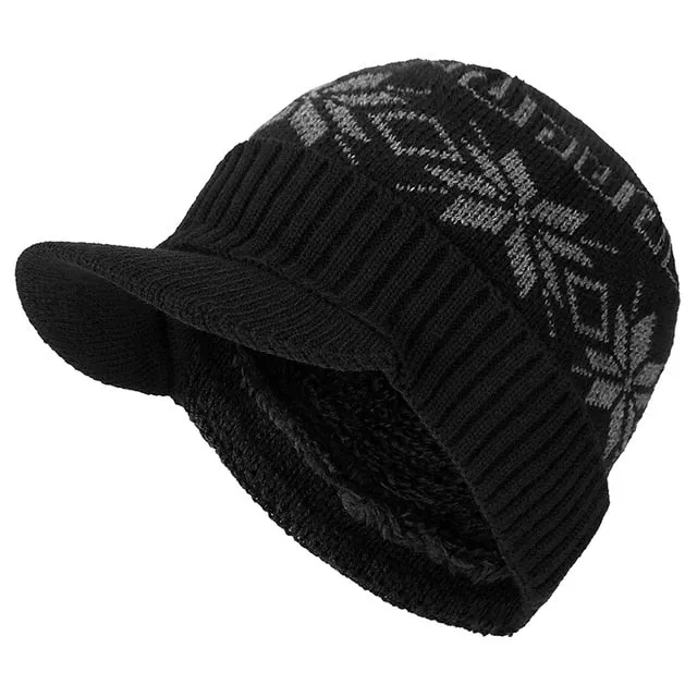 With Brim Stylish Add Fur Lined Soft Beanie Outdoor Knitted Woolen Warm Winter Cap